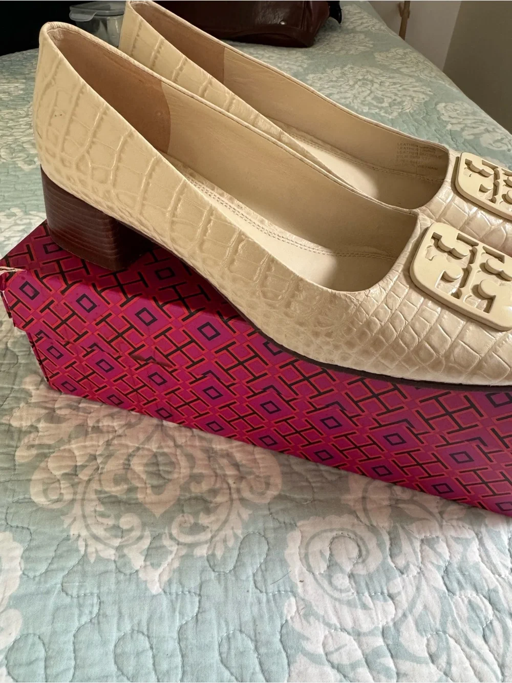 Tory Burch Cream Croc-Embossed Logo Heels